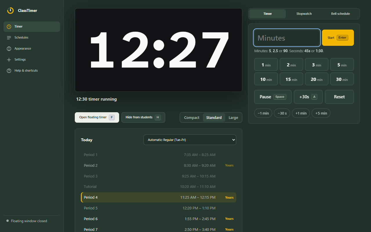 The ClassTimer Control Center with a running 12:30 timer, quick-start buttons and today's bell schedule.