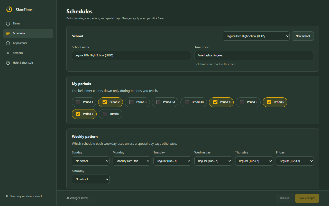 The schedule editor with My periods, the weekly pattern, and bell times for each period.